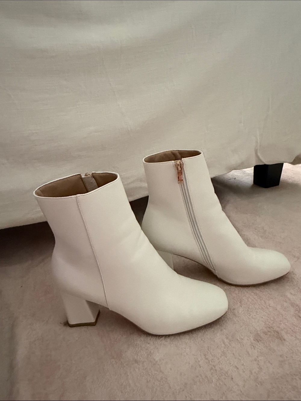 Amazon White Ankle Booties with Block Heel and Side Zip